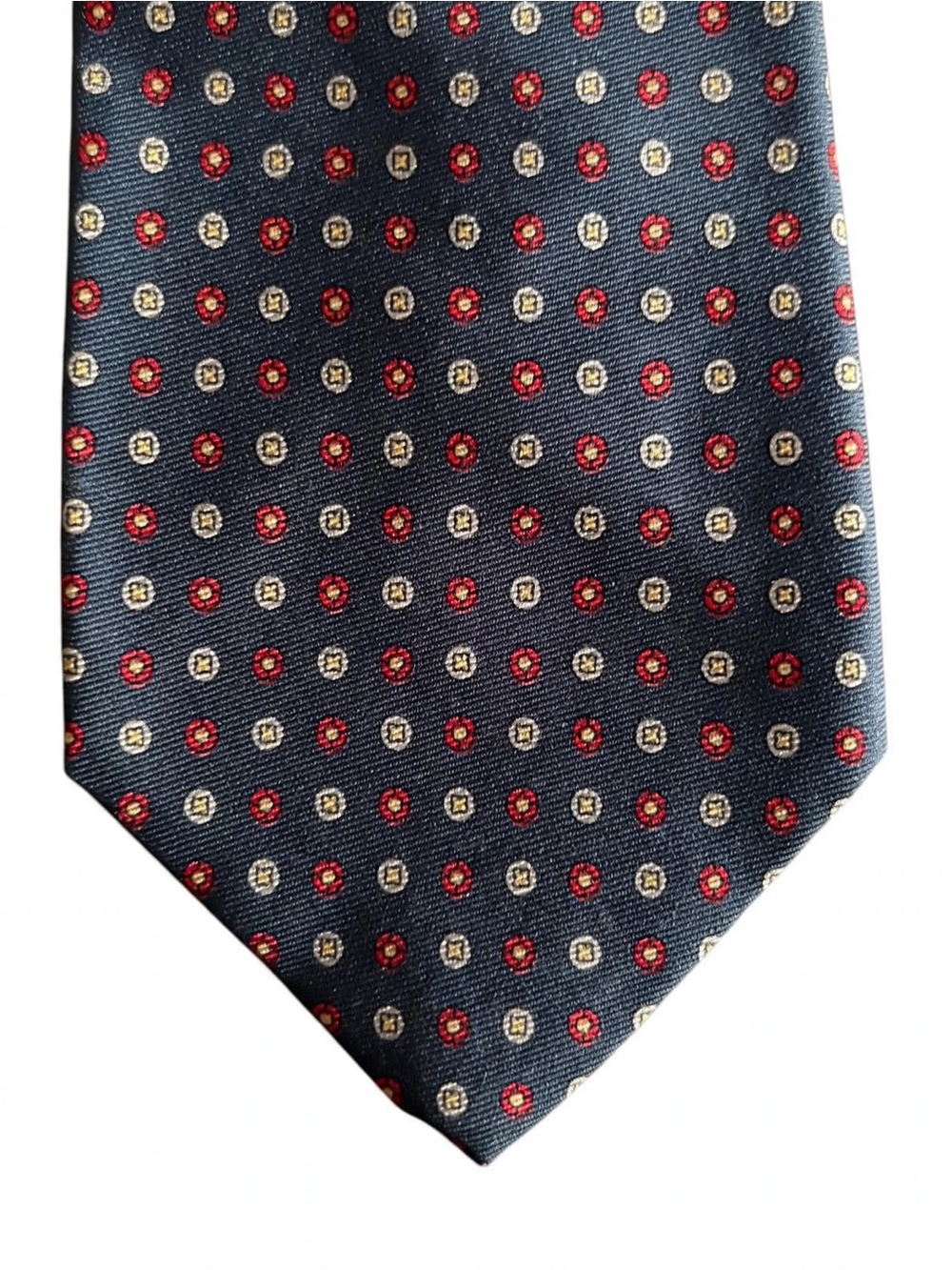 Brooks Brothers Makers Silk Tie Navy Medallion Dot Red Cream Print Italy 58"
